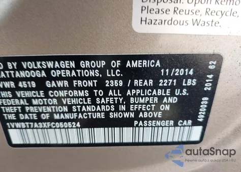 2015 Volkswagen Passat 1.8T Se from USA, damaged, VIN 1VWBT7A3XFC050524